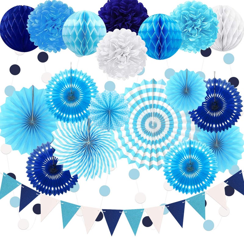 Marwey 23Pcs Blue Birthday Party Decorations for Boys Men Navy Royal Light Blue Honeycomb Ball, Hanging Paper Fans, Pom Poms, Baby Shower Decorations Boy, Party Supplies 16th 18th 21th 30th 40th 50th - Image 1